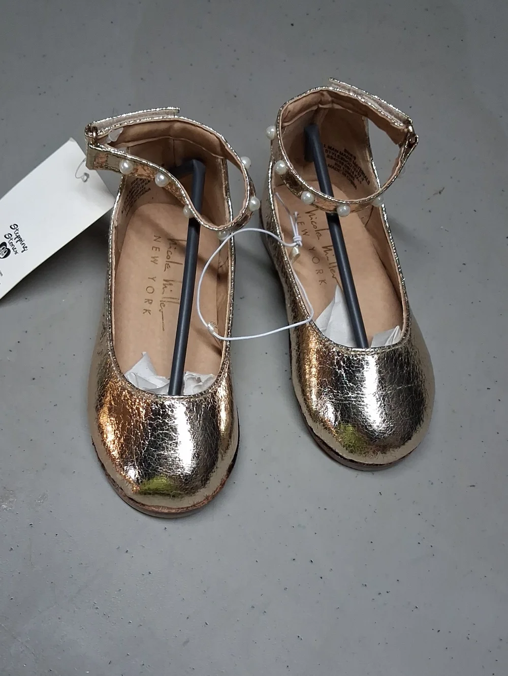 Nicole Miller Metallic Gold Pearl-Strap Girls Dress Flats